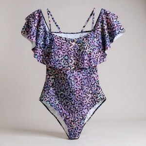 Girls Juniors One Piece Swimsuit Ruffled Off Shoulder RainbowCheetah Print S NEW